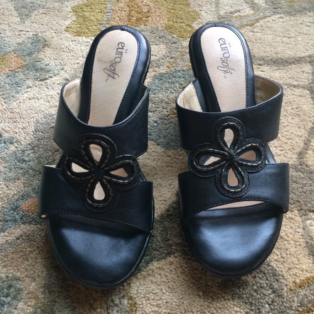 Eurosoft Black Heeled Slip-on Leather Sandals 6M
